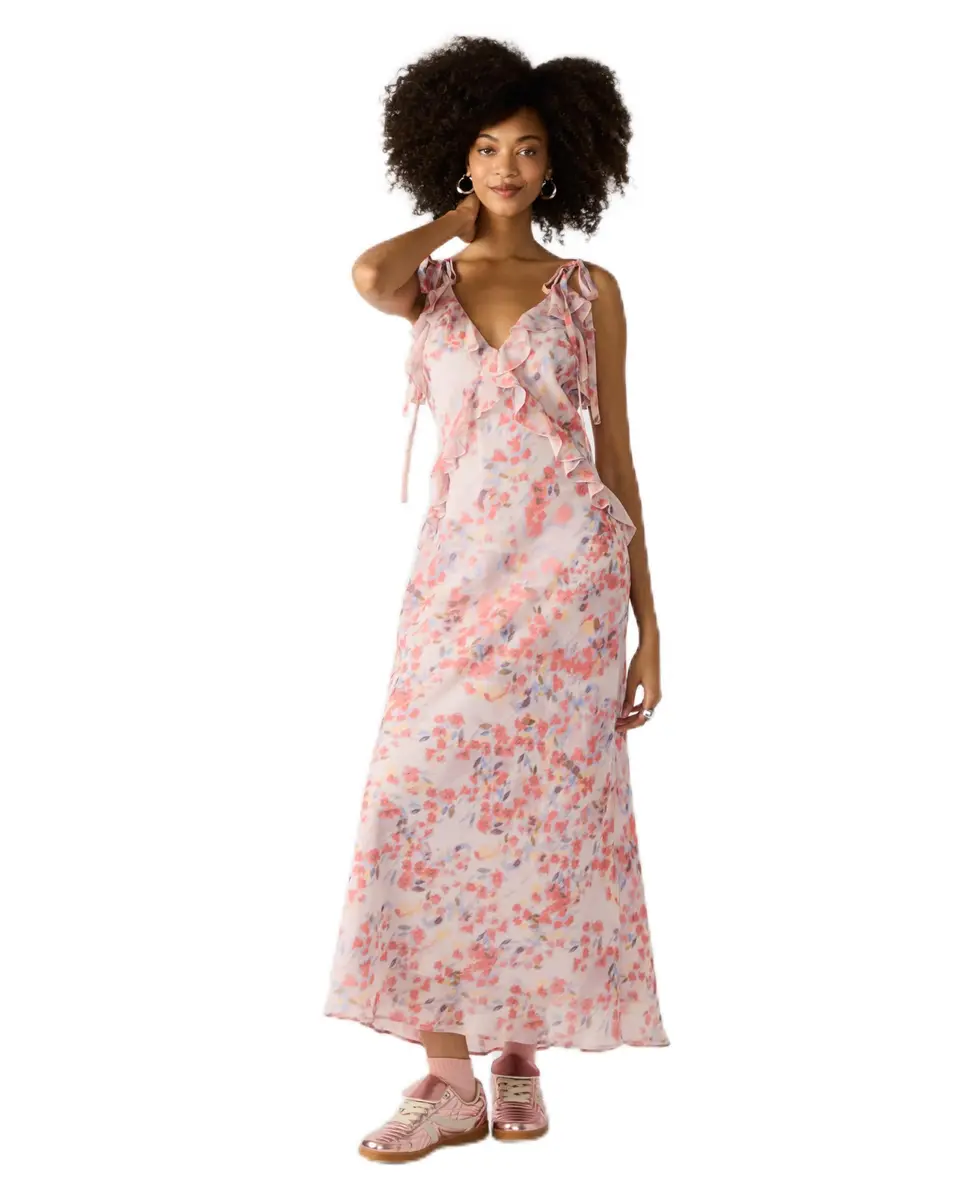 Steve Madden Adalina Dress Dusty Lavender | V-Neck Maxi with Ruffle Detail (53.5 inches) - main product image