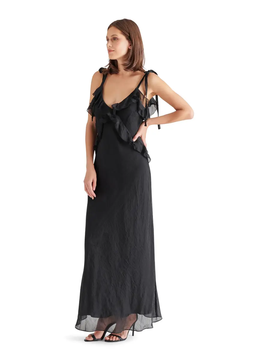 Steve Madden Adalina Dress, Black, X-Large | Gossamer V-Neck Maxi with Ruffle Detail - view 2