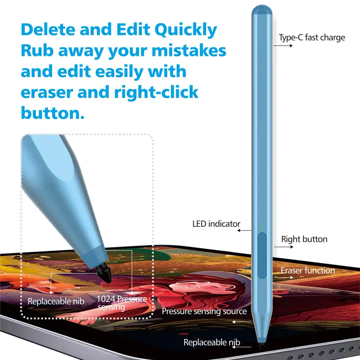 Milikilo Stylus Pen for Microsoft Surface Pro/Go/Laptop/Studio/Book with Eraser, Palm Rejection, Tilt, 1024 Pressure, Blue - view 5