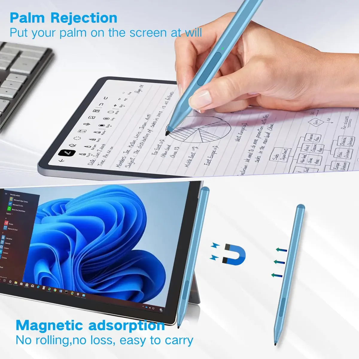 Milikilo Stylus Pen for Microsoft Surface Pro/Go/Laptop/Studio/Book with Eraser, Palm Rejection, Tilt, 1024 Pressure, Blue - view 6