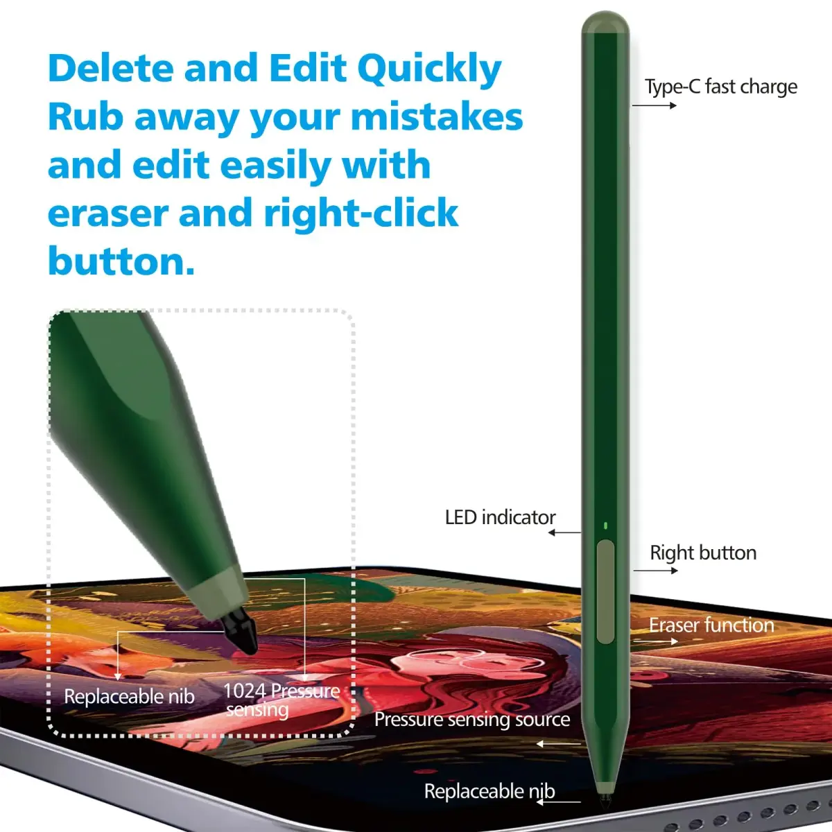 Milikilo Stylus Pen for Microsoft Surface Pro 12/11/10/9/8/X/7+/7/6/5/4/3, Surface Go 4/3/2/1, Surface Laptop 1-5, Studio, Book 3/2/1 with Eraser & Palm Rejection, 1024 Pressure, Green - view 5