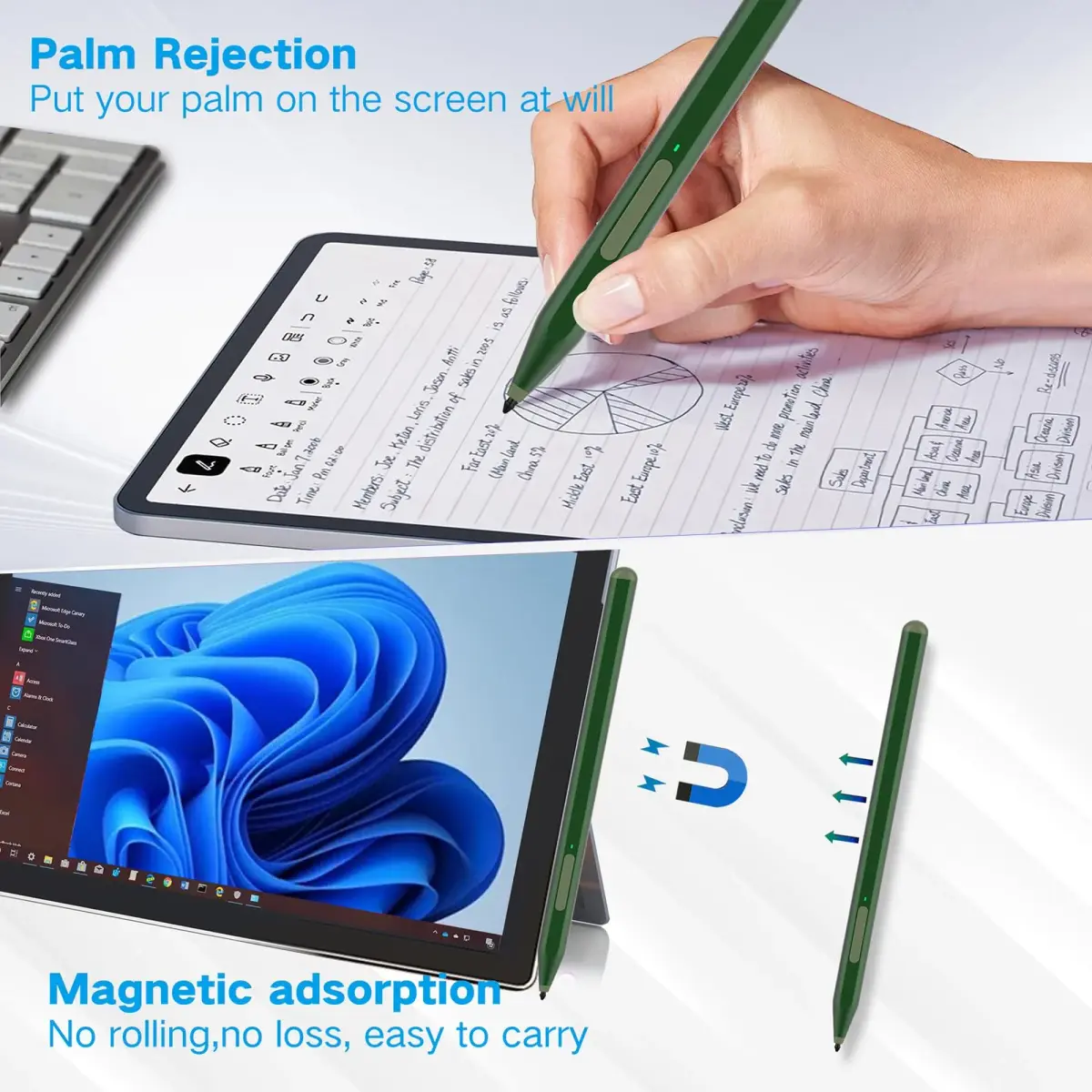 Milikilo Stylus Pen for Microsoft Surface Pro 12/11/10/9/8/X/7+/7/6/5/4/3, Surface Go 4/3/2/1, Surface Laptop 1-5, Studio, Book 3/2/1 with Eraser & Palm Rejection, 1024 Pressure, Green - view 6