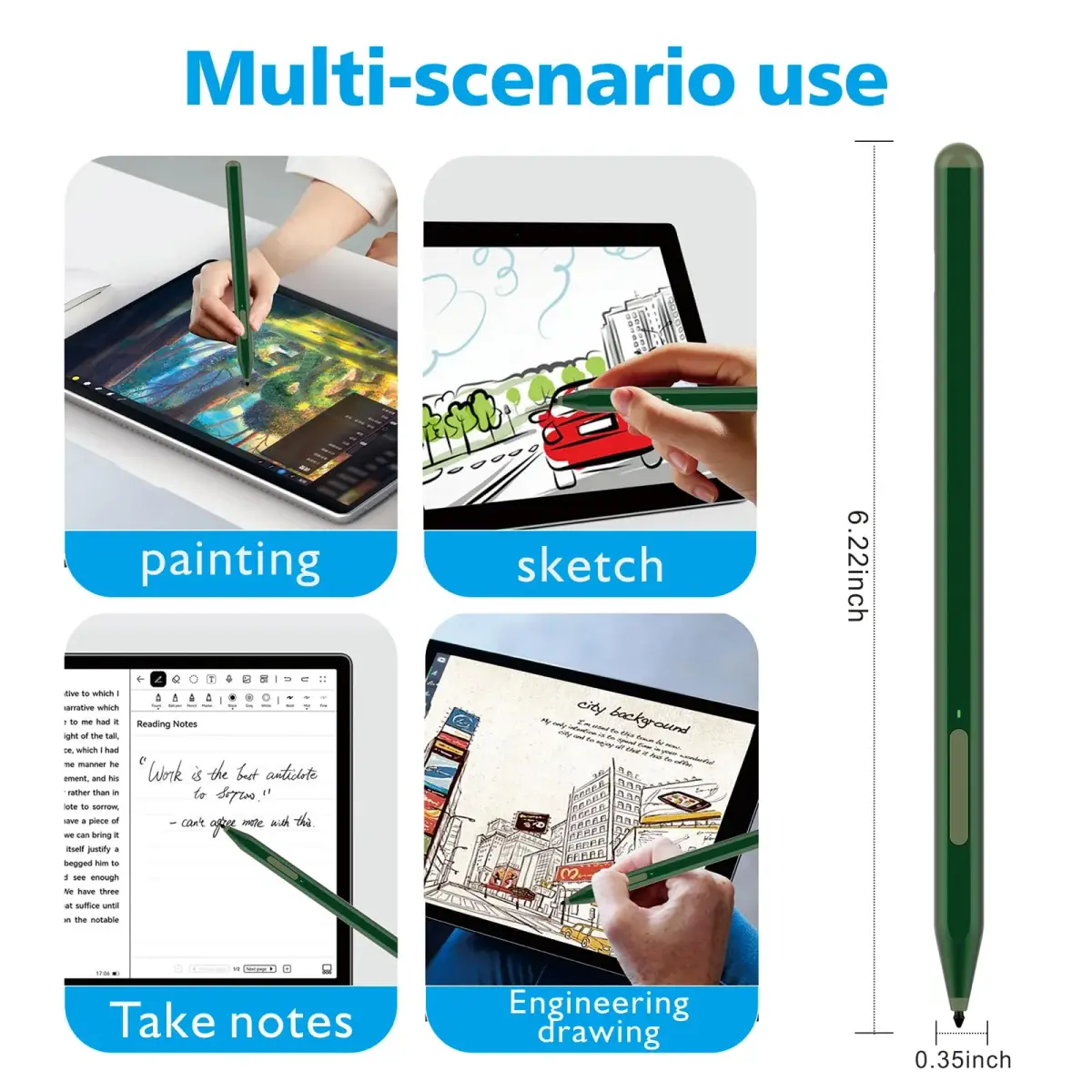 Milikilo Stylus Pen for Microsoft Surface Pro 12/11/10/9/8/X/7+/7/6/5/4/3, Surface Go 4/3/2/1, Surface Laptop 1-5, Studio, Book 3/2/1 with Eraser & Palm Rejection, 1024 Pressure, Green - view 7