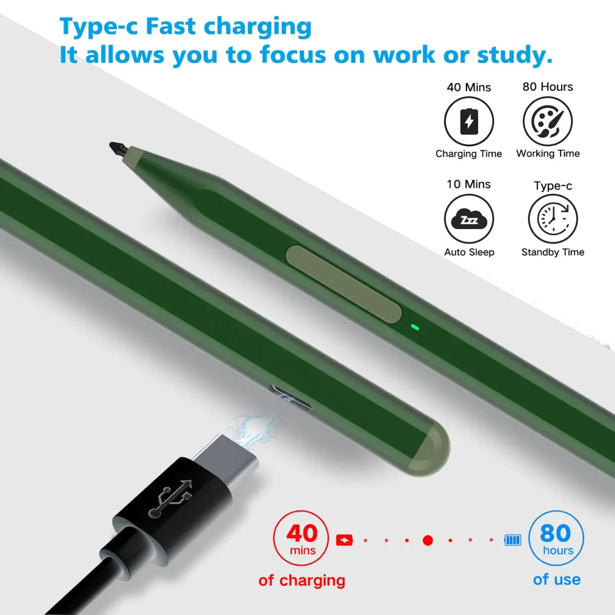 Milikilo Stylus Pen for Microsoft Surface Pro 12/11/10/9/8/X/7+/7/6/5/4/3, Surface Go 4/3/2/1, Surface Laptop 1-5, Studio, Book 3/2/1 with Eraser & Palm Rejection, 1024 Pressure, Green - view 4