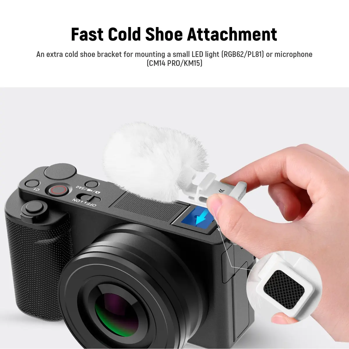 Neewer White Cold Shoe Wind Muff for Sony ZV Cameras | Microphone Furry Windscreen with Cold Shoe Mount Adapter Accessory (CA133) - view 3
