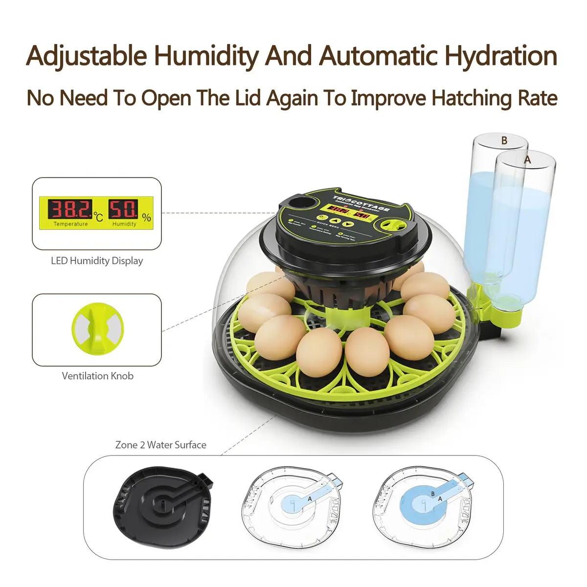 TRIOCOTTAGE 12 Egg Incubator with Automatic Turning & Humidity Control, 7.5"x7.5"x6.6" | Lab Supply for Hatching - view 4