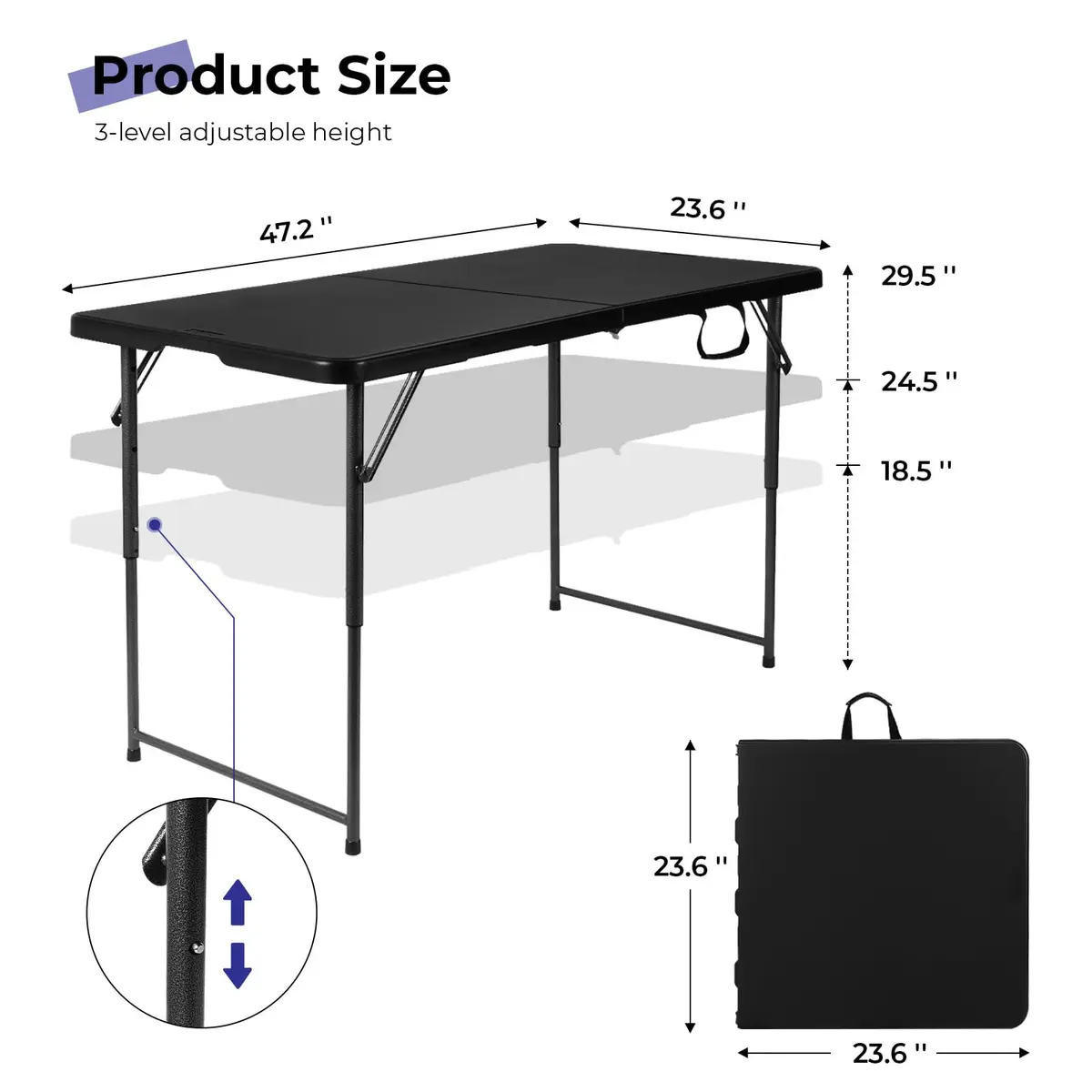 Byliable Folding Table 4 Foot | Heavy Duty Plastic Utility Table, Black, 4ft - view 3