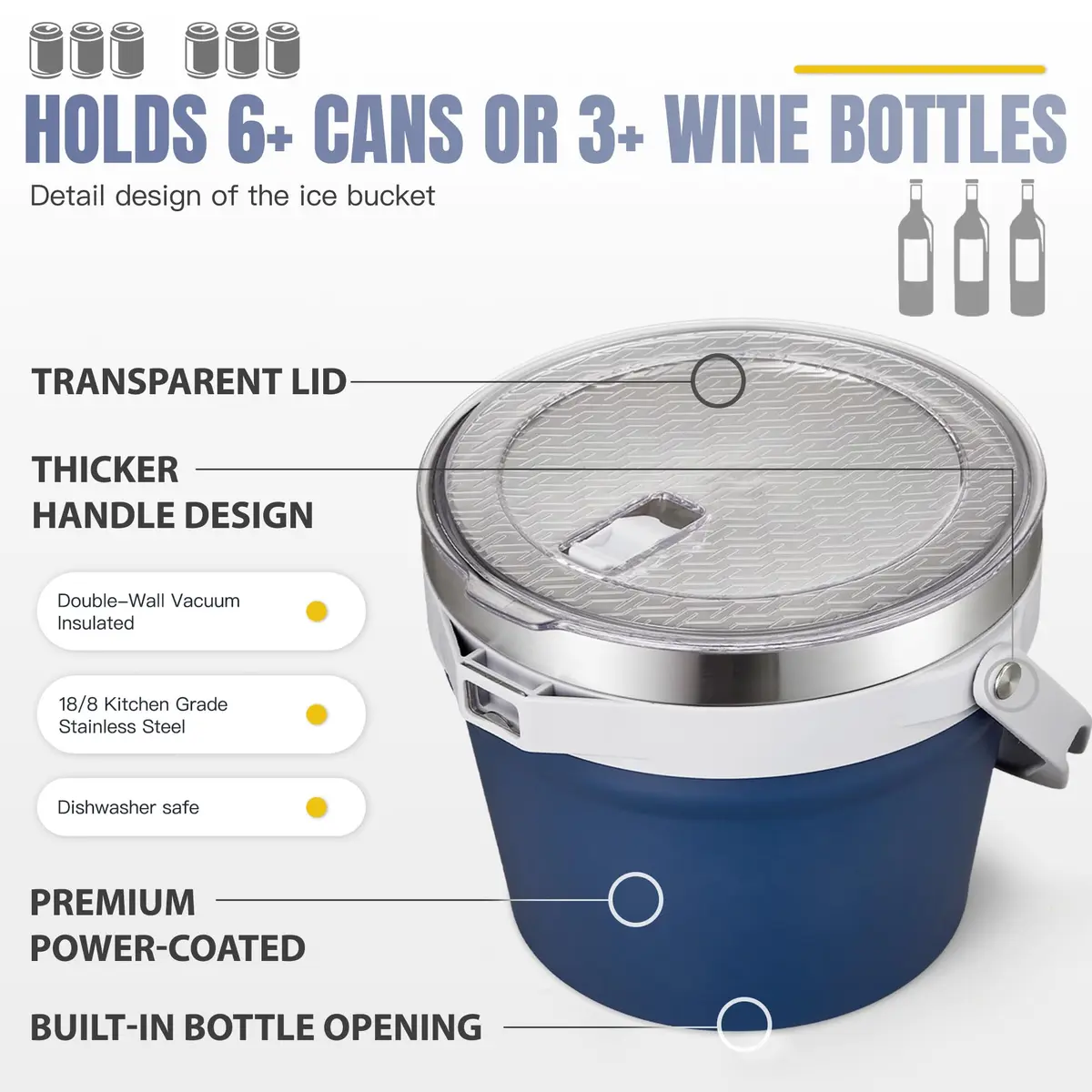 COKTIK 7L Vacuum Insulated Ice Bucket with Lid and Scoop & Tongs | Large Capacity Stainless Steel Beverage Bucket for Parties - view 3