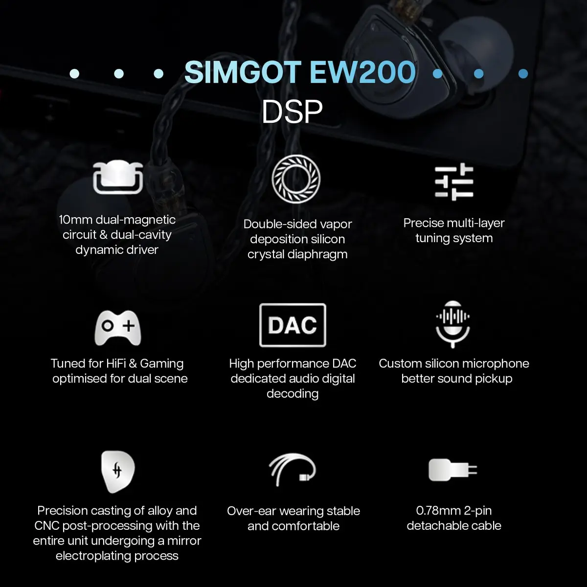 Linsoul SIMGOT EW200 In-Ear Earphones with 10mm SCP Diaphragm Dynamic Driver, 16Ω Impedance, 126dB Sensitivity | Silver Metal Body, Detachable 0.78mm 2-pin Silver-Plated OFC Cable - view 4