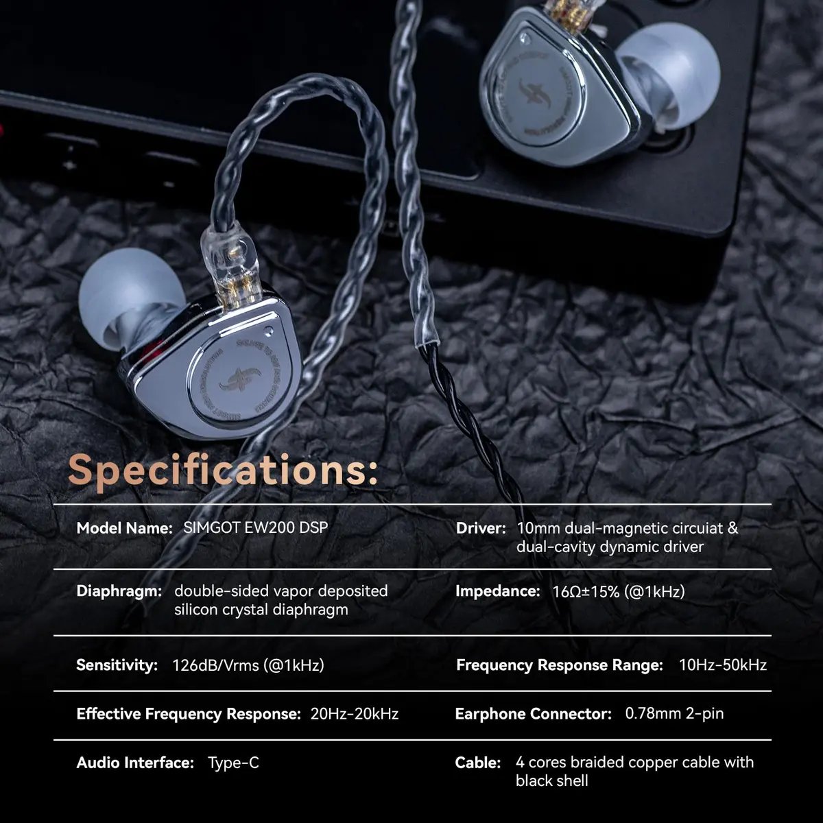 Linsoul SIMGOT EW200 In-Ear Earphones with 10mm SCP Diaphragm Dynamic Driver, 16Ω Impedance, 126dB Sensitivity | Silver Metal Body, Detachable 0.78mm 2-pin Silver-Plated OFC Cable - view 7