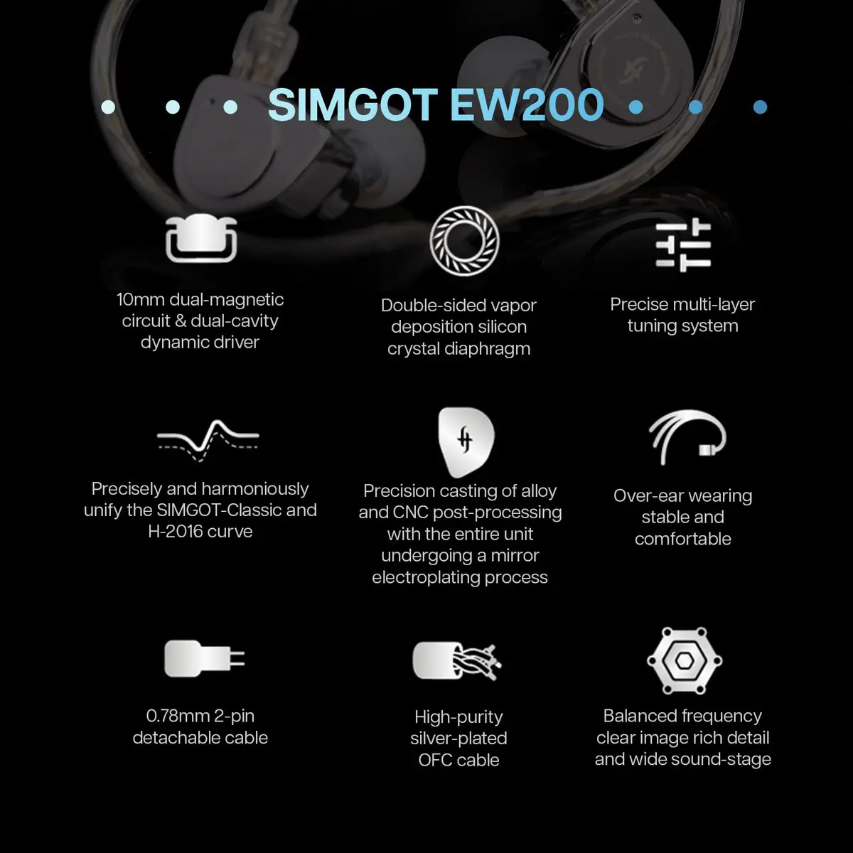 Linsoul SIMGOT EW200 In-Ear Earphones with 10mm SCP Diaphragm Dynamic Driver, Silver | 10mm Dynamic Driver, 16Ω Impedance, 126dB Sensitivity - view 4