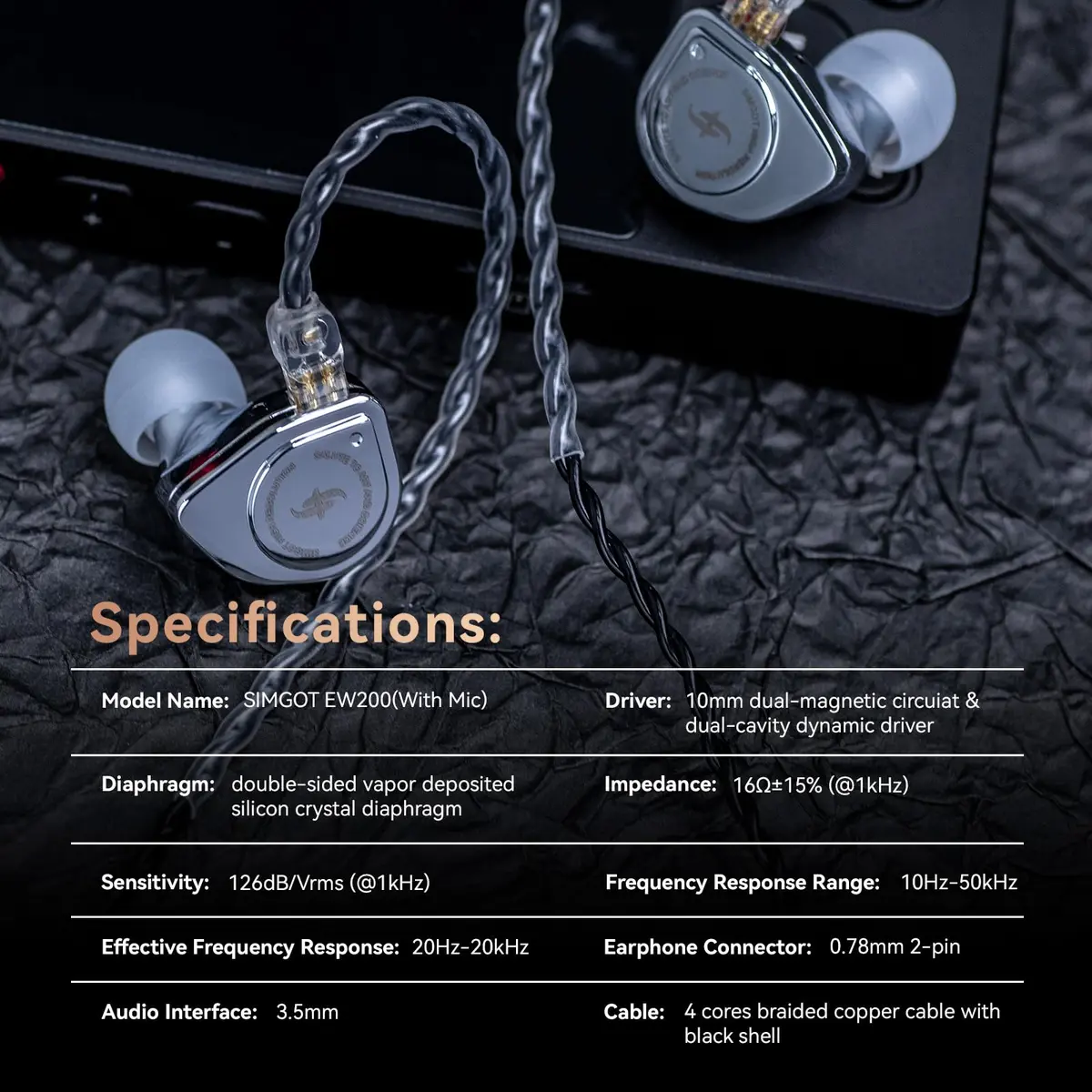 Linsoul SIMGOT EW200 In-Ear Earphones with 10mm SCP Diaphragm Dynamic Driver, Silver | 10mm Dynamic Driver, 16Ω Impedance, 126dB Sensitivity - view 7