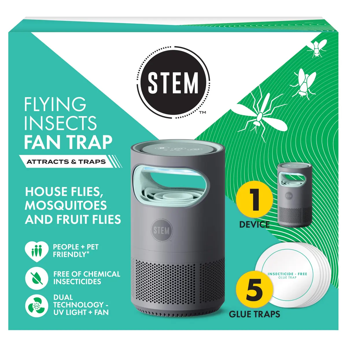 STEM Flying Insect Indoor Fan Trap, UV Light, 1 Device + 5 Glue Traps | Quiet, Portable Pest Control - main product image
