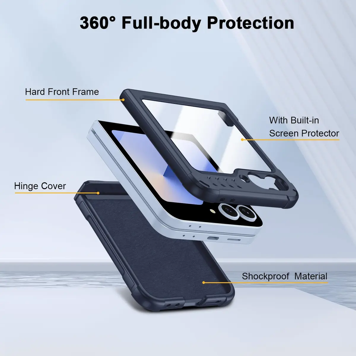spoovcto Military-Grade Protection Case for Samsung Galaxy Z Flip 6 & Flip 7 FE with Hinge Protection & Screen Protector (Dark Blue) - view 3