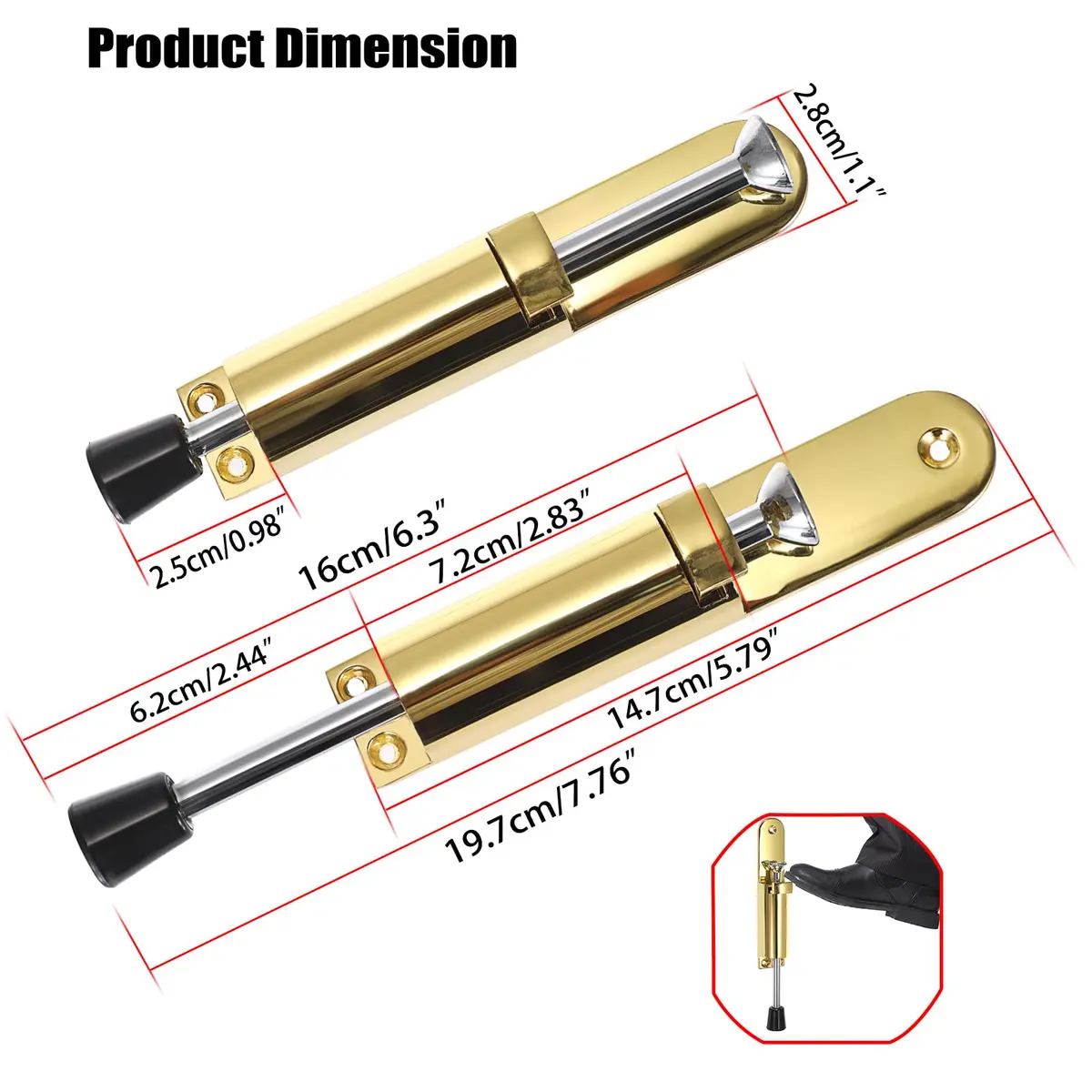 Sumnacon Kickdown Door Stop - Stainless Steel Heavy Duty Rubber Floor Stopper, Gold | Easy Step On/Off, Adjustable, Spring Loaded, Durable - view 3