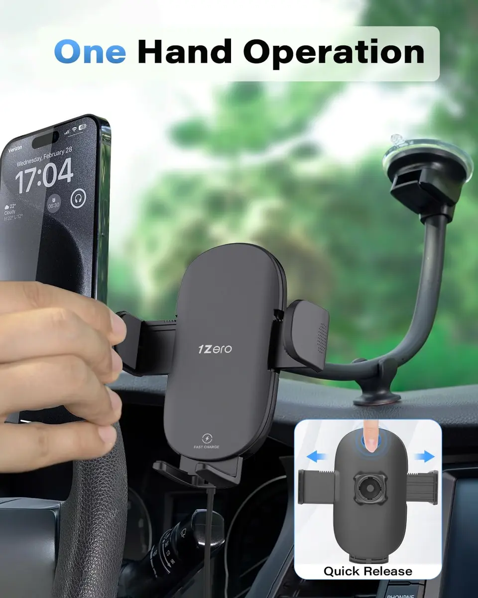 1Zero Solid Car Truck Phone Mount Holder 14" Arm | Wireless Charger & Secure Fit - view 3
