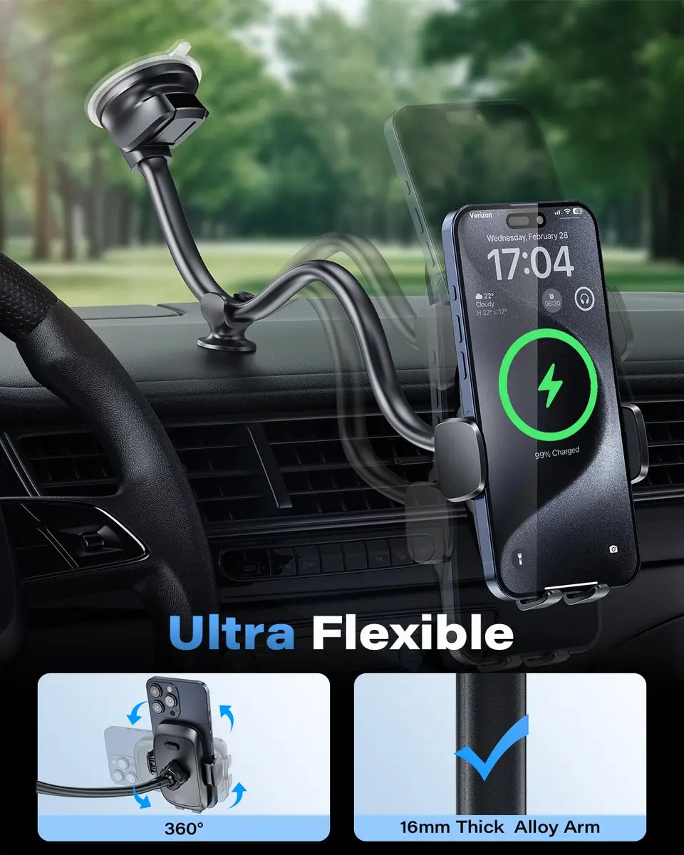 1Zero Solid Car Truck Phone Mount Holder 14" Arm | Wireless Charger & Secure Fit - view 4