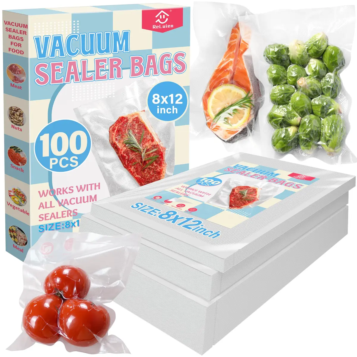 ReLuien Vacuum Sealer Bags 8x12 Inch | Heavy Duty, BPA-Free, Reusable Food Storage Bags - main product image