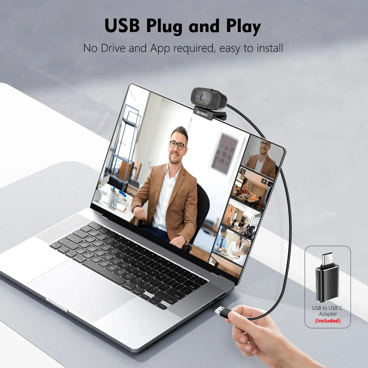TOALLIN 1080P Full HD Webcam with Dual Microphones | 90° Wide Angle, Plug & Play for Video Calls - view 6