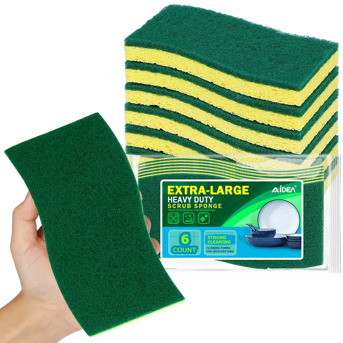 AIDEA XL Scrub Sponges Kitchen 6-Count, Heavy Duty Sponges for Dishes, Green-Extra Large | Dual-Sided Cleaning Power - main product image
