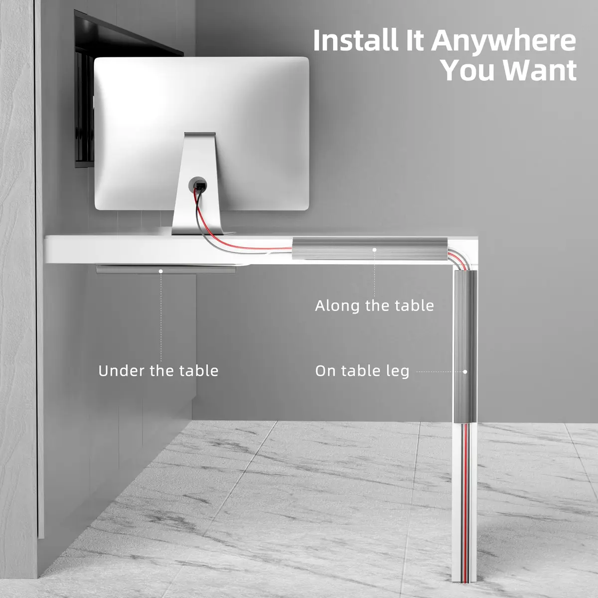 Yecaye 94.2 in Cable Management Under Desk | Easy Install Adhesive Mount Cord Hider, Wire Organizer, Child & Pet Proof, Grey - view 3