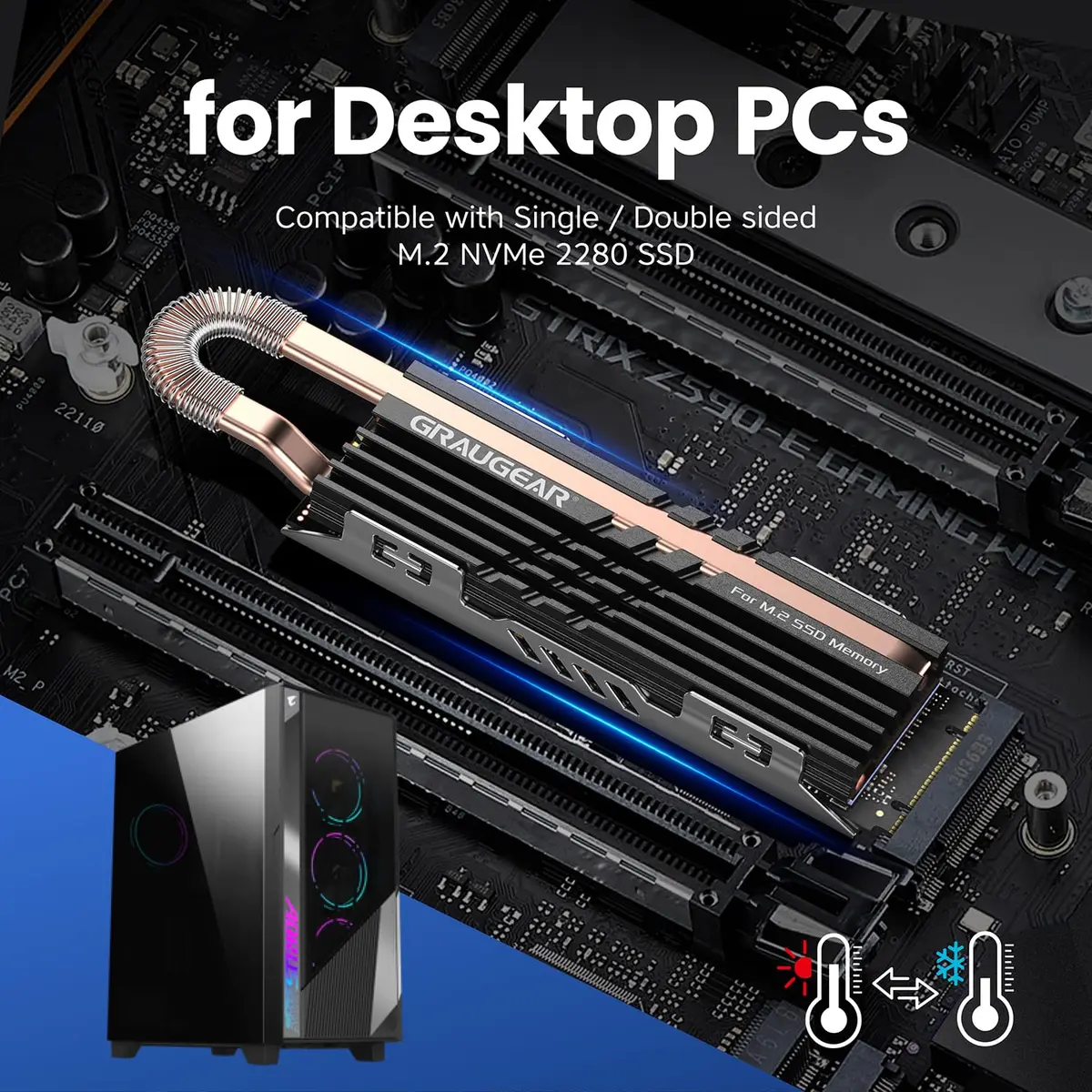 GRAUGEAR Heat Pipe Cooler for M.2 SSD 2280 | Copper & Aluminum Thermal Solution for High-Speed Gaming - view 5