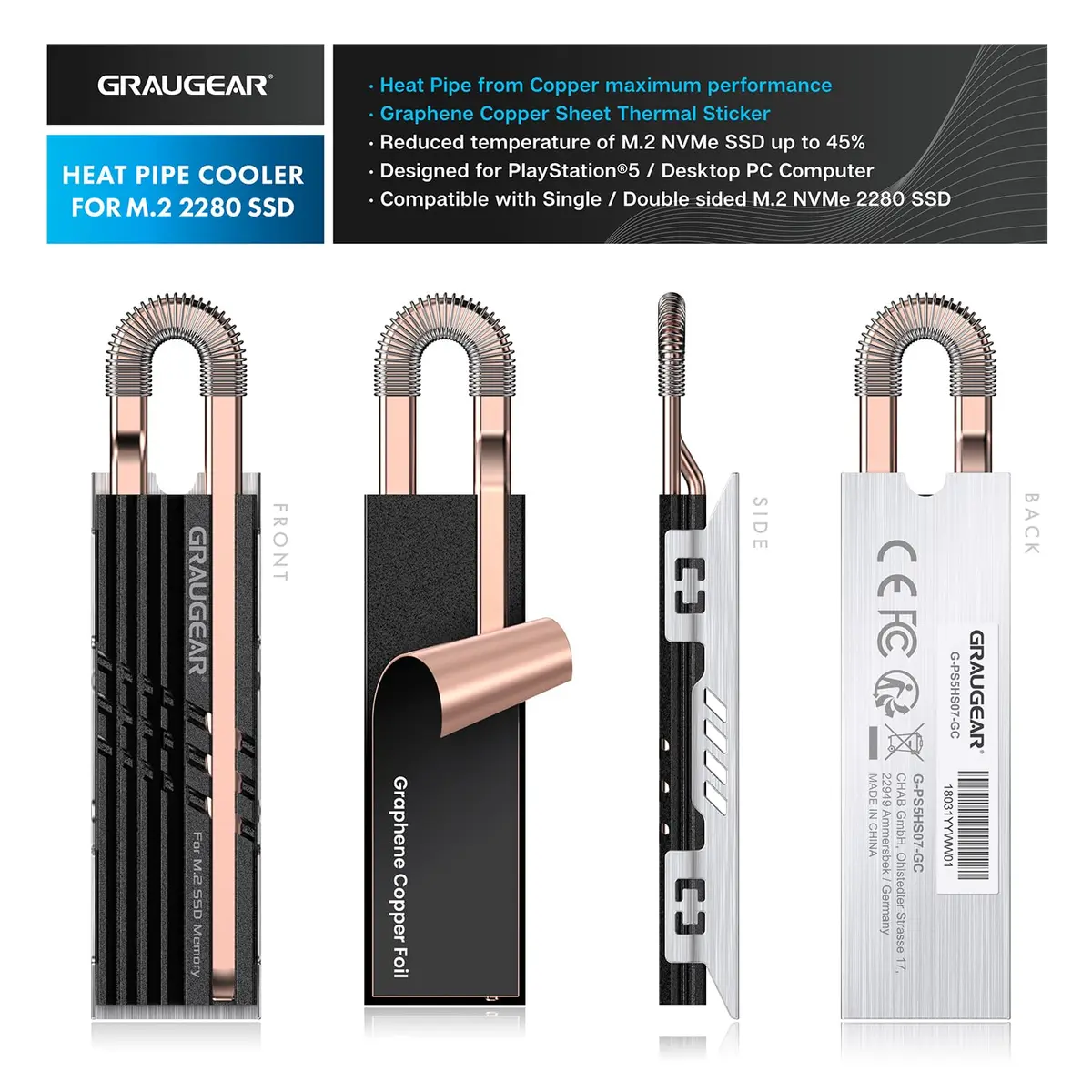 GRAUGEAR Heat Pipe Cooler for M.2 SSD 2280 | Copper & Aluminum Thermal Solution for High-Speed Gaming - view 2