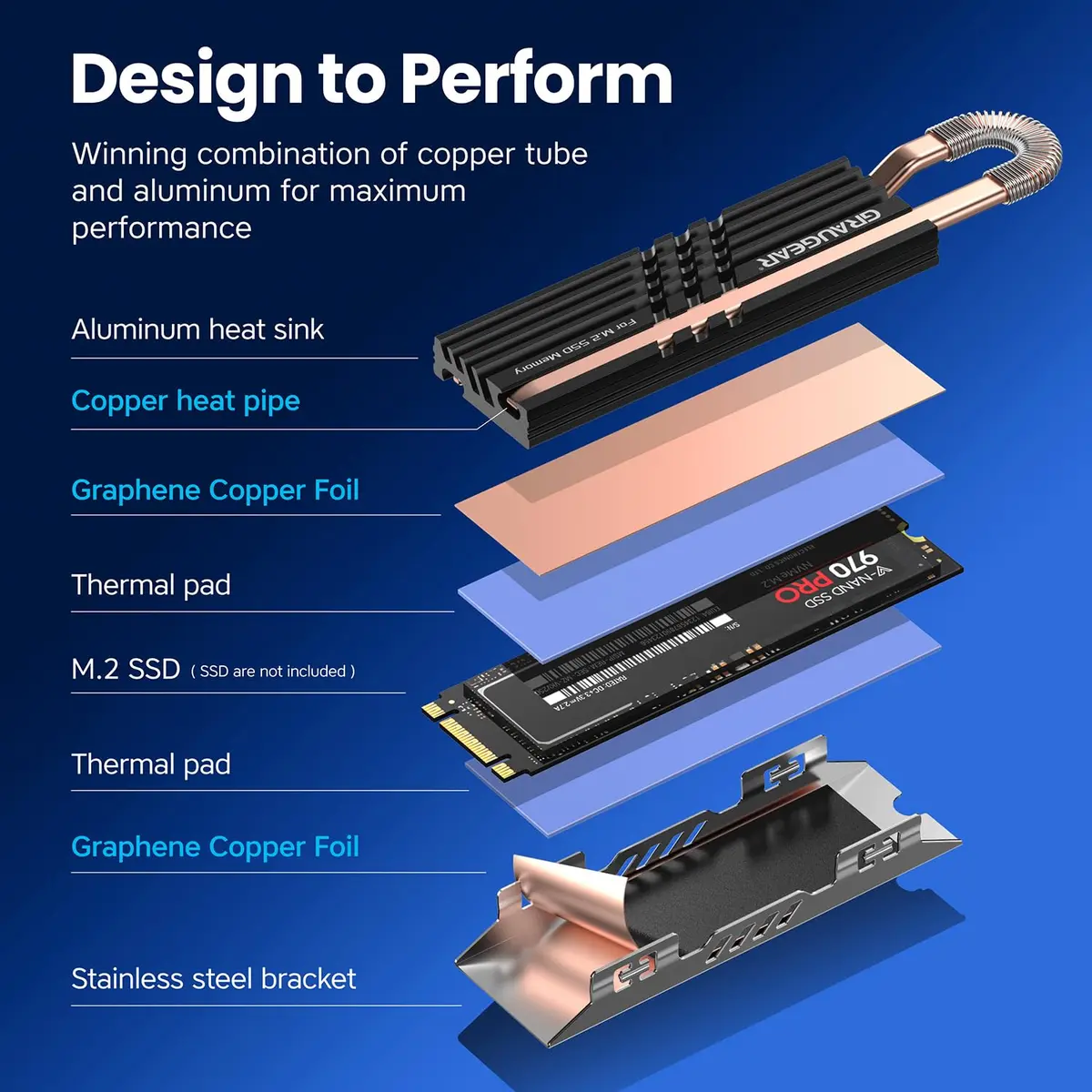 GRAUGEAR Heat Pipe Cooler for M.2 SSD 2280 | Copper & Aluminum Thermal Solution for High-Speed Gaming - view 3