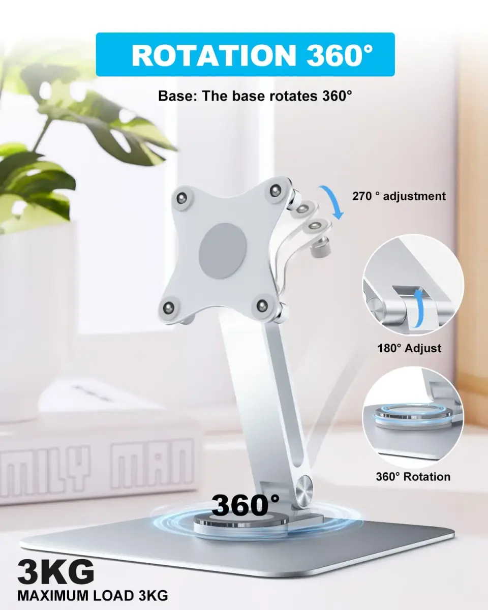 JUNEBOX 75x75mm VESA Monitor Mount Stand, M4 Anti-Loss Screws, Aluminum Alloy Base, Fits 7"-18" Small Portable Monitors, Silver Foldable Lay Flat Monitor Stand (Not Fit 100x100mm Vesa) - view 8