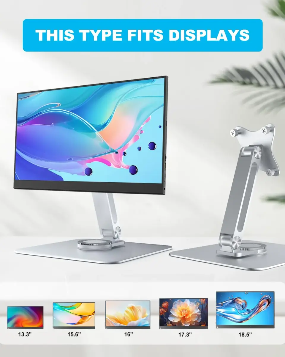 JUNEBOX 75x75mm VESA Monitor Mount Stand, M4 Anti-Loss Screws, Aluminum Alloy Base, Fits 7"-18" Small Portable Monitors, Silver Foldable Lay Flat Monitor Stand (Not Fit 100x100mm Vesa) - view 2
