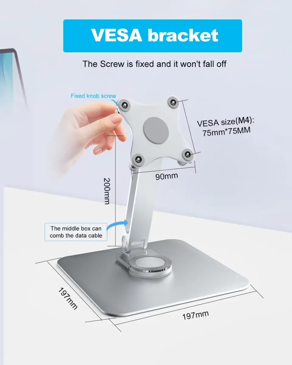 JUNEBOX 75x75mm VESA Monitor Mount Stand, M4 Anti-Loss Screws, Aluminum Alloy Base, Fits 7"-18" Small Portable Monitors, Silver Foldable Lay Flat Monitor Stand (Not Fit 100x100mm Vesa) - view 3
