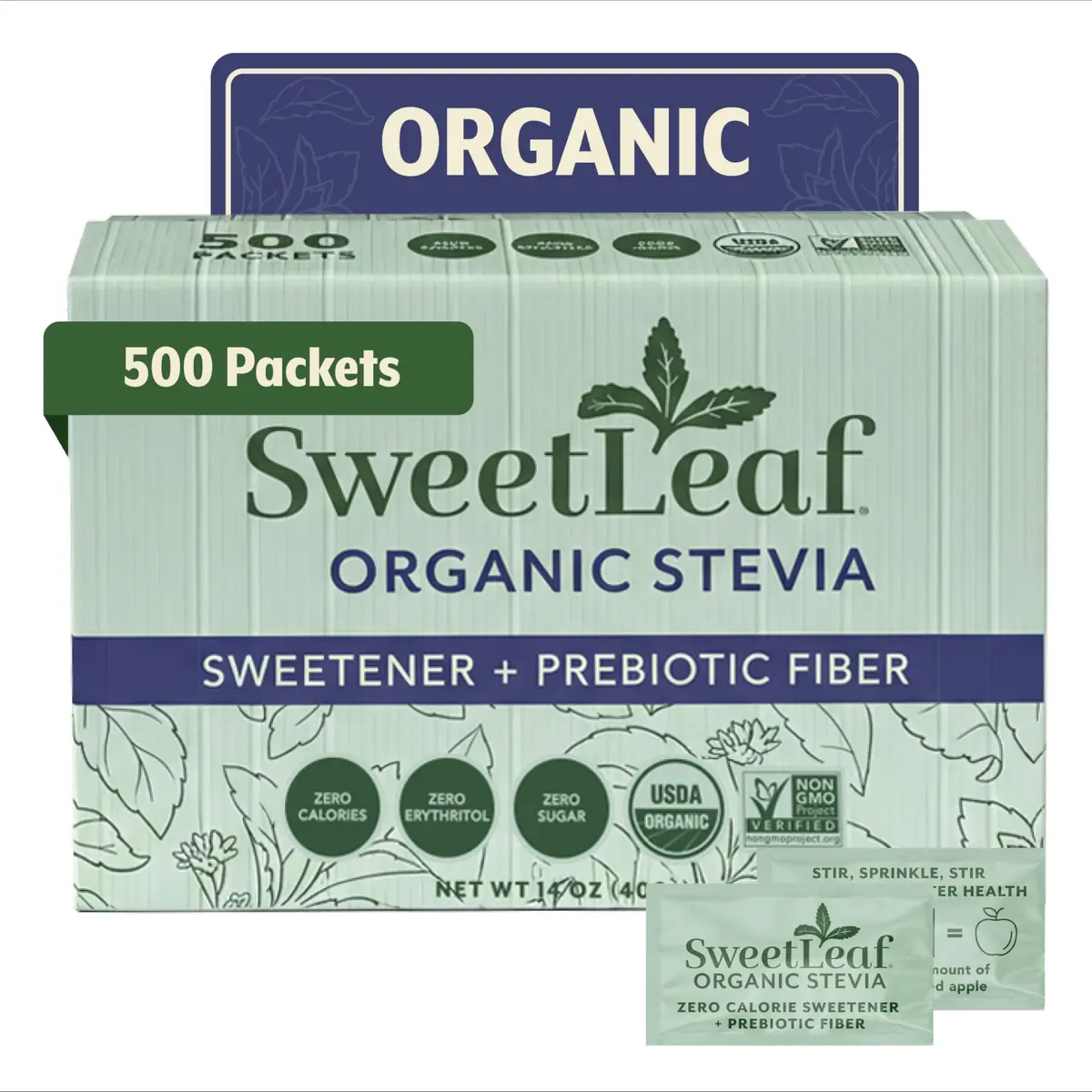 SweetLeaf Organic Stevia Powder Sweetener, Sugar Free | Bulk Pack, 500 Packets, Zero Calories - main product image