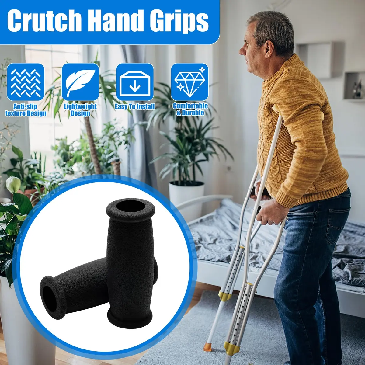 AHIER Crutch Hand Grip 10cm Cushioned Black | Shock Absorbing, Durable & Universal Fit - view 3