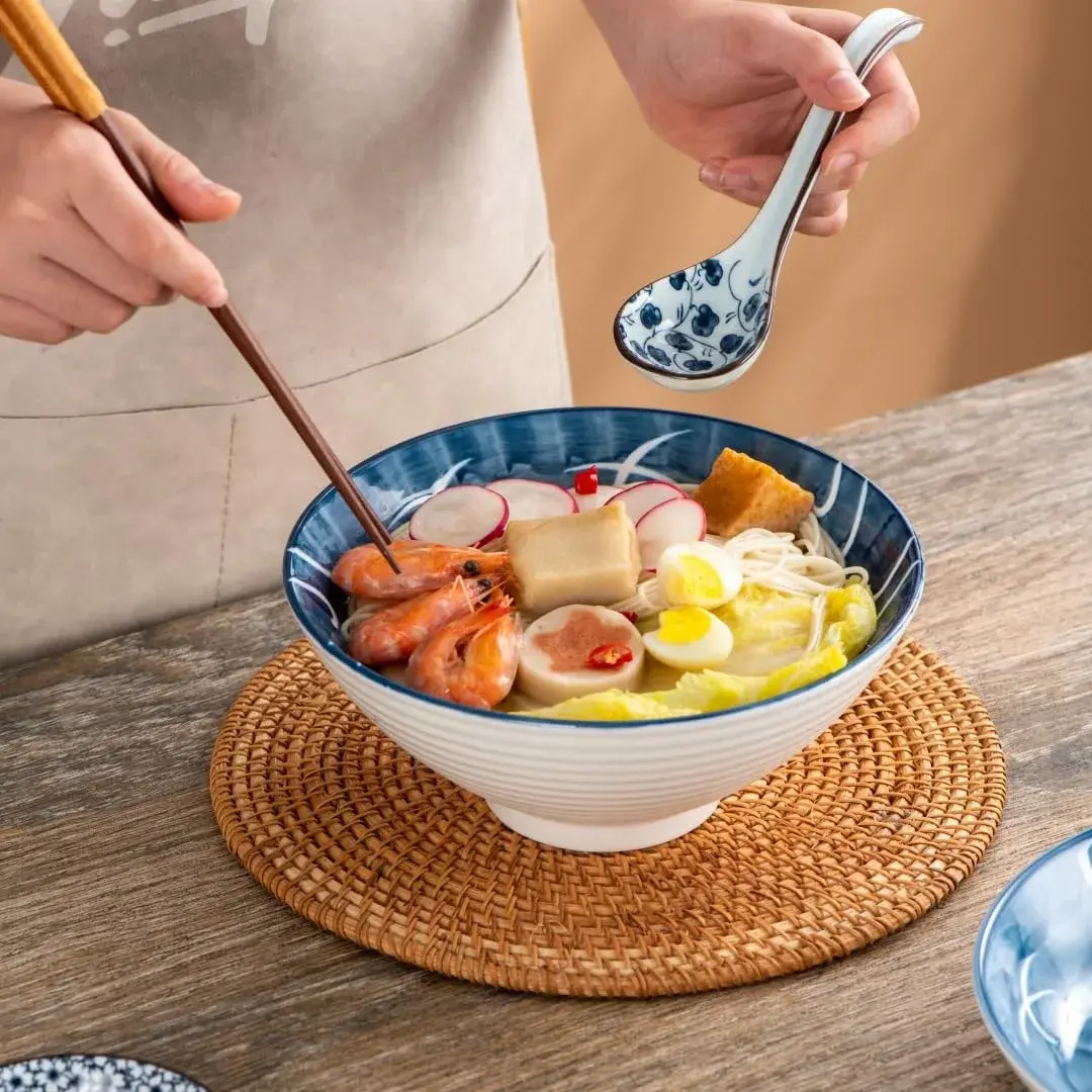Hoilse Ceramic Asian Soup Spoons Set of 6 - Blue, 16.3cm (6.4 inch) | Blue & White Porcelain with Long Handle - view 6