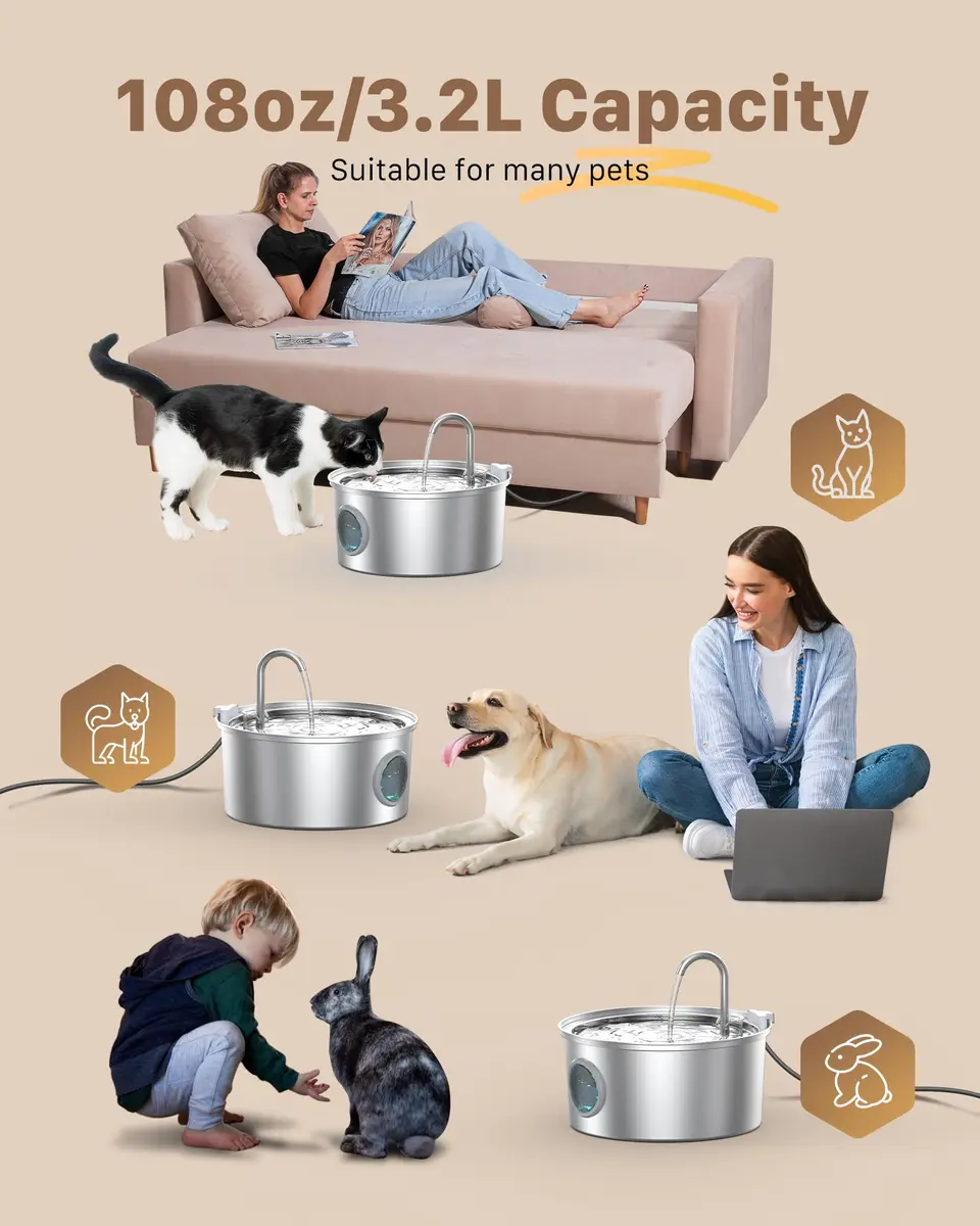 GIOTOHUN Cat Fountain Stainless Steel 3.2L | Quiet, Durable & Easy to Clean - view 2
