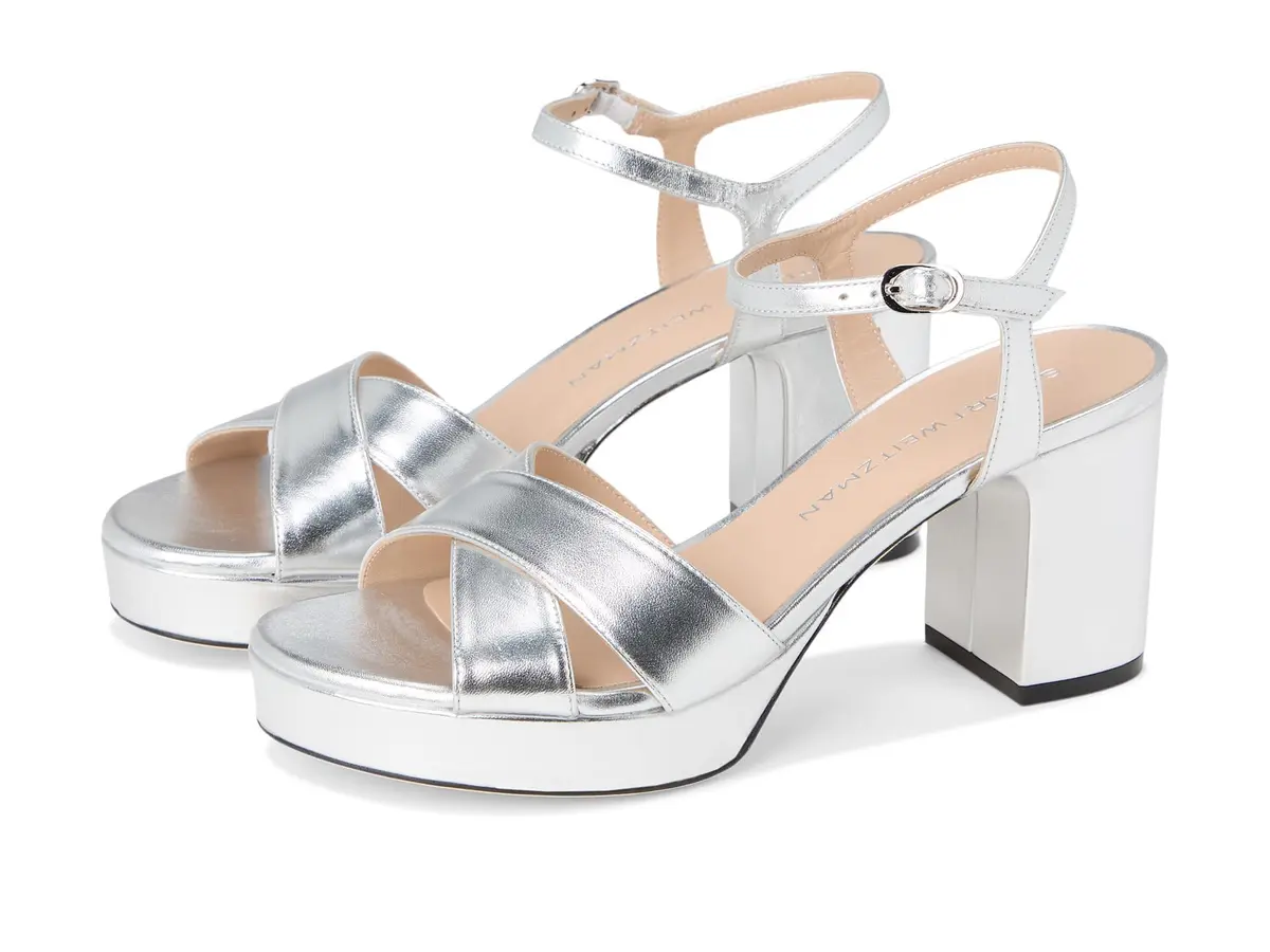 Stuart Weitzman Womens Dayna Platform 80 Silver 9 M | 80mm Block Heel, Leather & Cork Outsole - main product image