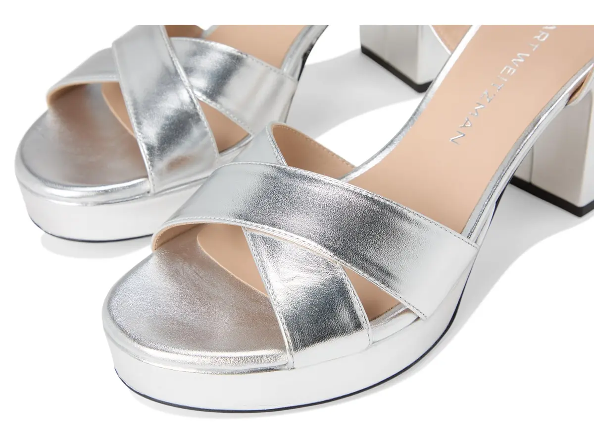 Stuart Weitzman Womens Dayna Platform 80 Silver 9 M | 80mm Block Heel, Leather & Cork Outsole - view 6