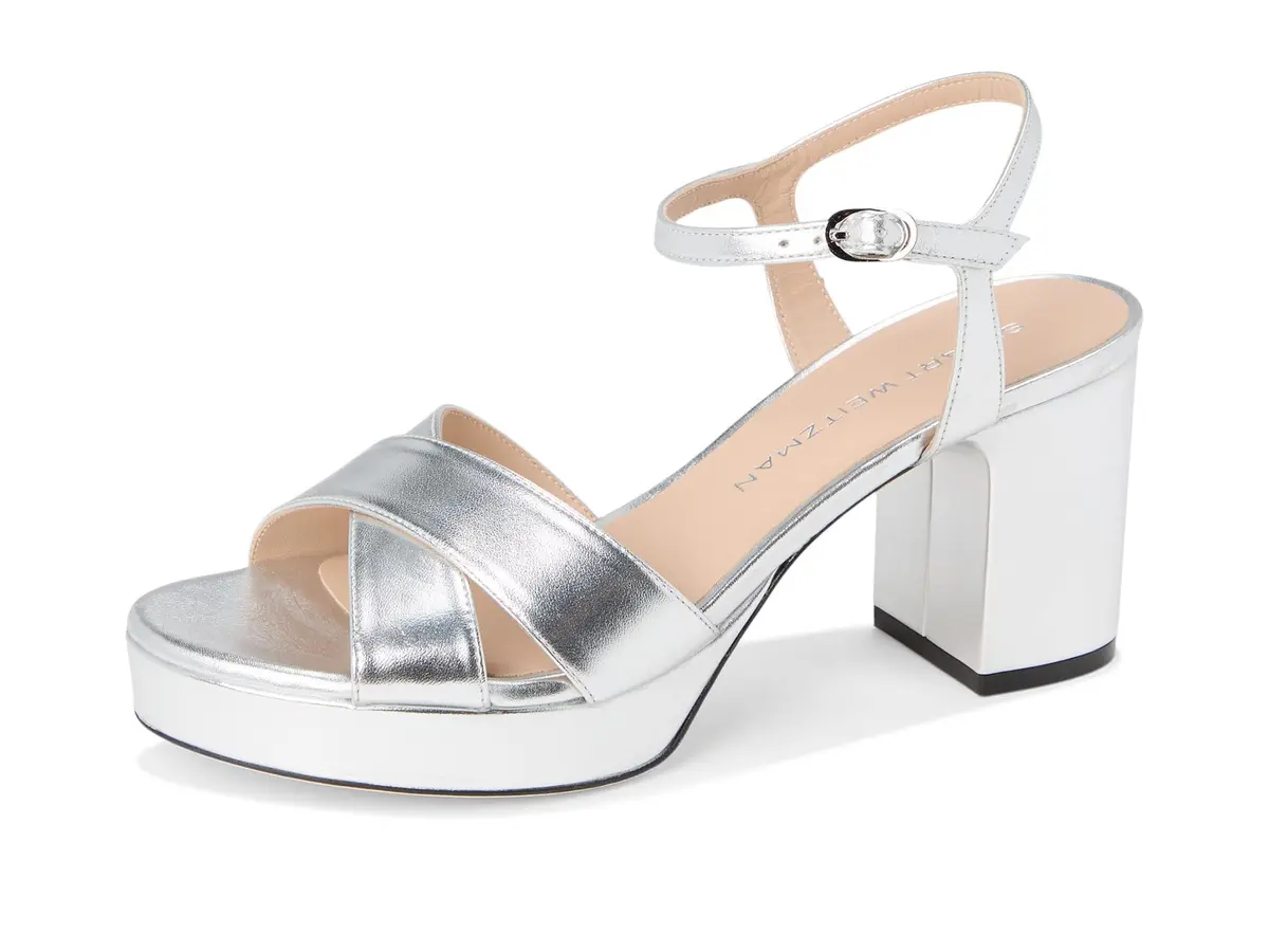 Stuart Weitzman Womens Dayna Platform 80 Silver 9 M | 80mm Block Heel, Leather & Cork Outsole - view 7