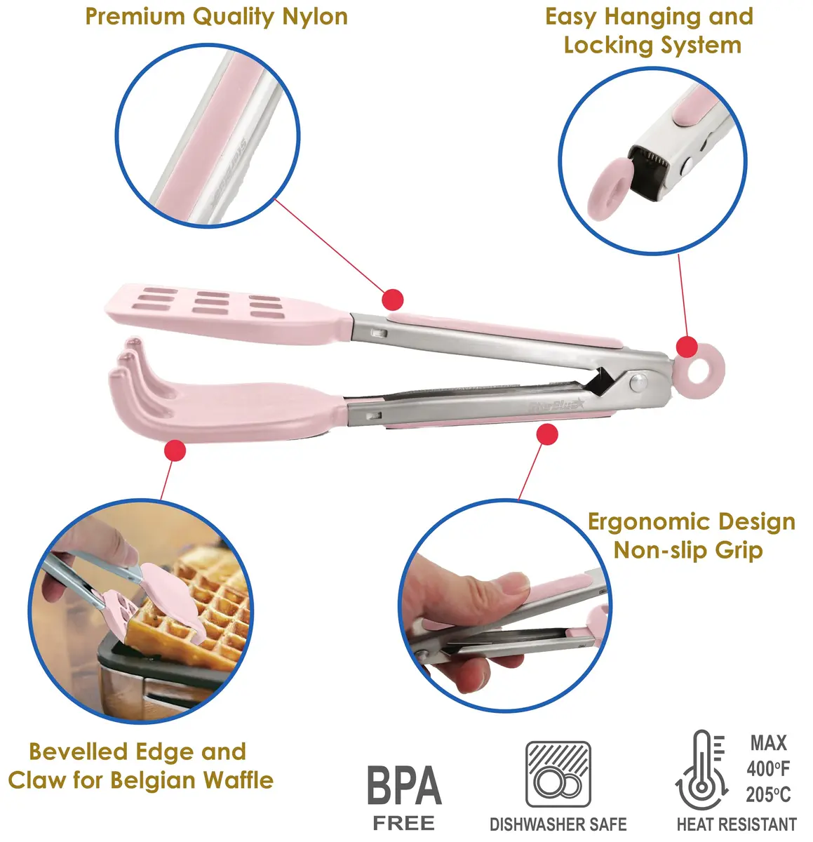 StarBlue Mini Waffle Tongs Pink – 8 Inch Silicone & Nylon Serving Tongs | Heat-Resistant Up to 400°F - view 2