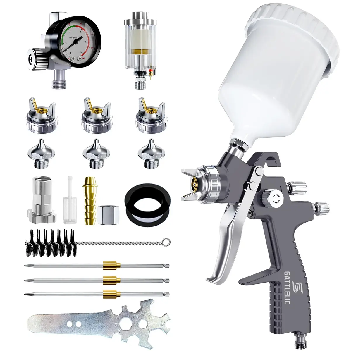 GATTLELIC LVLP Air Spray Gun Premium Kit with 1.3/1.5/1.7mm Nozzles & Air Regulator, Automotive Paint Sprayer for Cars & Houses (Grey) - main product image