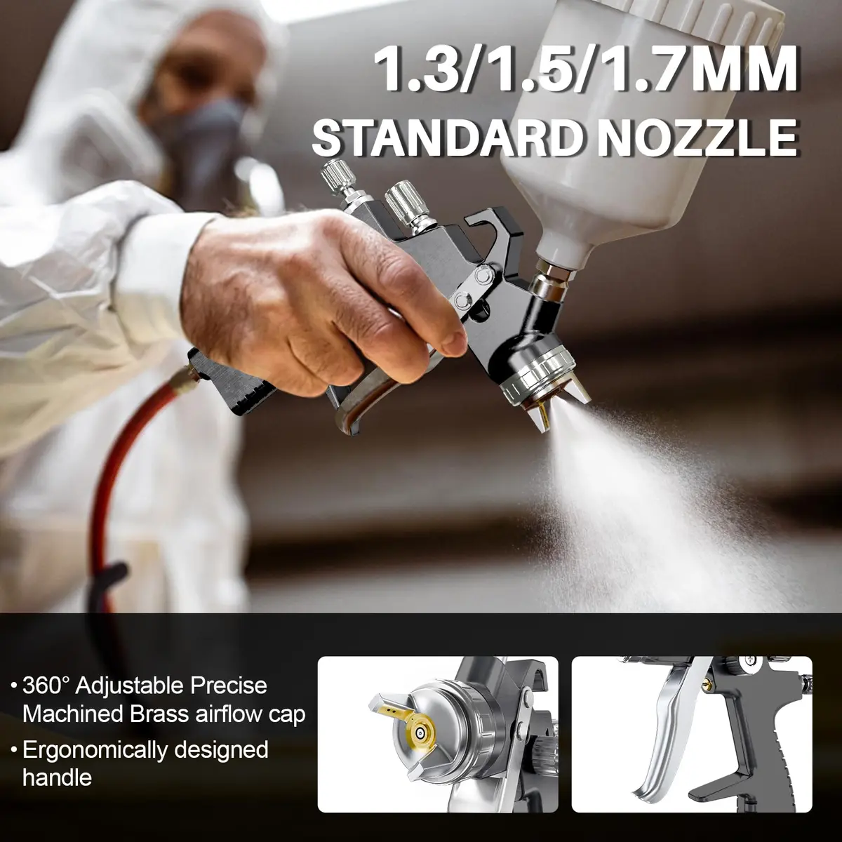 GATTLELIC LVLP Air Spray Gun Premium Kit with 1.3/1.5/1.7mm Nozzles & Air Regulator, Automotive Paint Sprayer for Cars & Houses (Grey) - view 2
