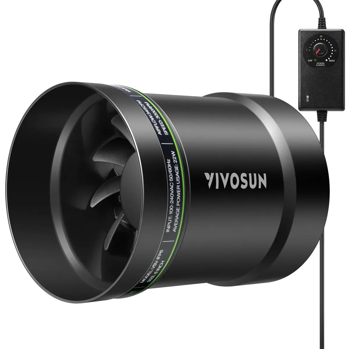 VIVOSUN P6 6" Inline Duct Fan with Speed Control 345 CFM Exhaust Fan | 15.24cm (6") Black - main product image