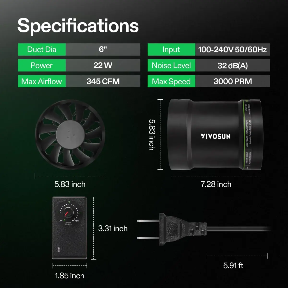 VIVOSUN P6 6" Inline Duct Fan with Speed Control 345 CFM Exhaust Fan | 15.24cm (6") Black - view 7