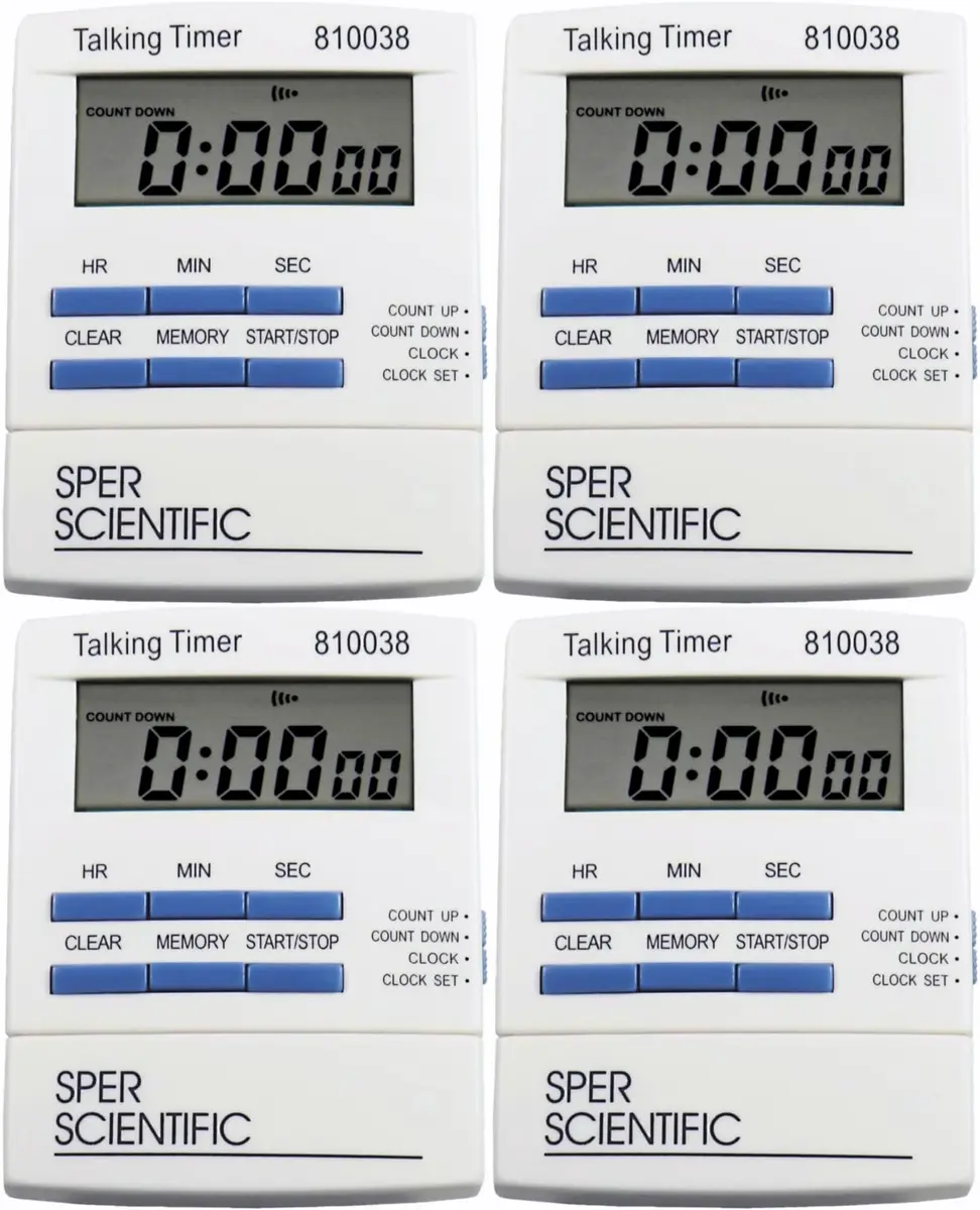 Sper Scientific Talking Timer with Audible Countdown Voice Announcements 810038 | Large LCD, Loud Alarm, 4 Pack - main product image