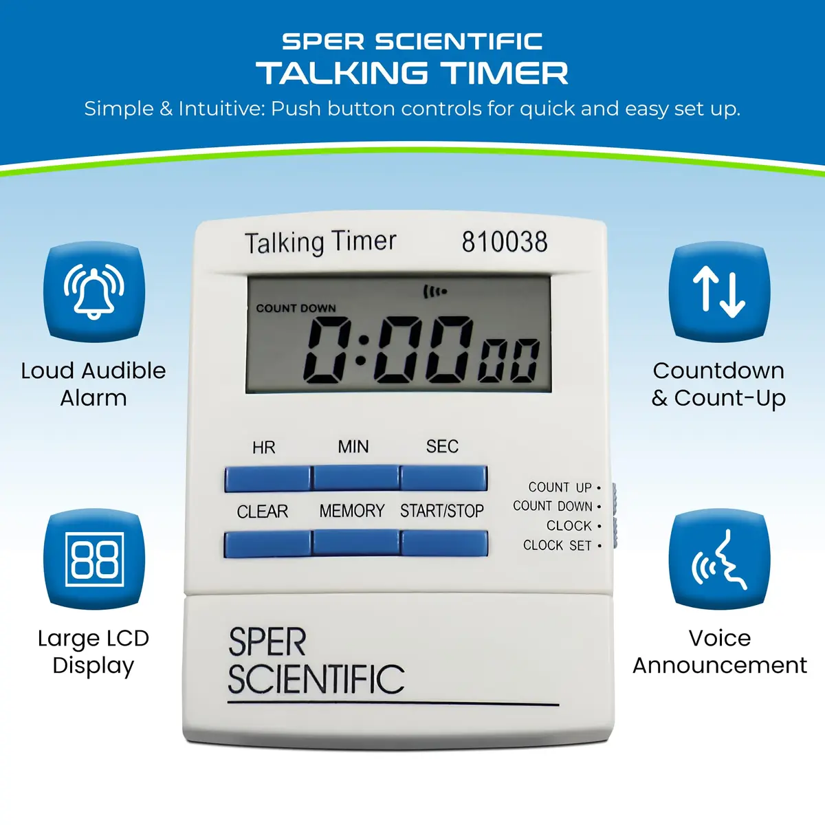 Sper Scientific Talking Timer with Audible Countdown Voice Announcements 810038 | Large LCD, Loud Alarm, 4 Pack - view 2