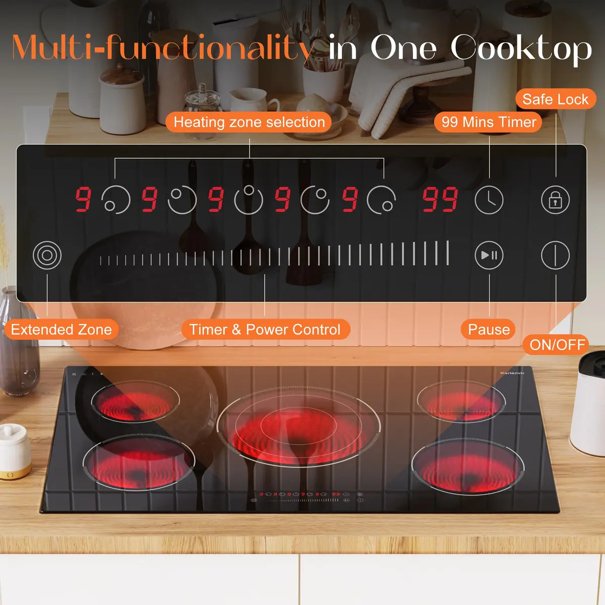 Karienvir 36 Inch 5 Burner Electric Cooktop 9200W (35.43" x 20.47") | 220V-240V Compatible for Indian Kitchens - view 5