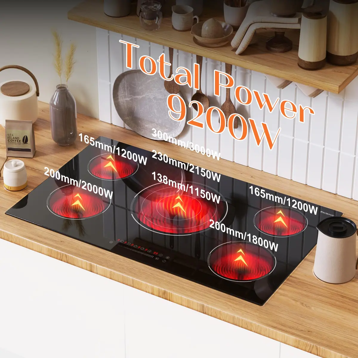 Karienvir 36 Inch 5 Burner Electric Cooktop 9200W (35.43" x 20.47") | 220V-240V Compatible for Indian Kitchens - view 2