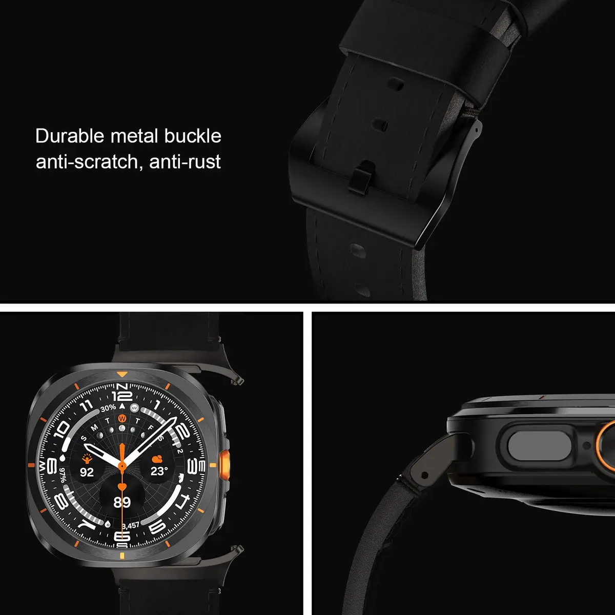 VSANT Vintage Crazy Horse Leather Watch Band for Samsung Galaxy Watch Ultra 47mm | 24mm Wide Black - view 3
