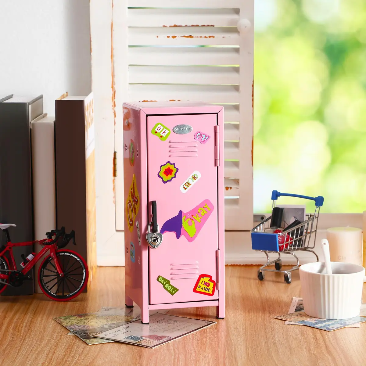 Vercraft Pink Mini Locker with Lock & Keys | 27.5cm (10.8 inch) Metal Desktop Storage Cabinet | DIY Stickers Included - view 6