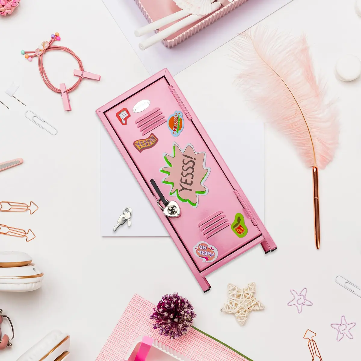 Vercraft Pink Mini Locker with Lock & Keys | 27.5cm (10.8 inch) Metal Desktop Storage Cabinet | DIY Stickers Included - view 7